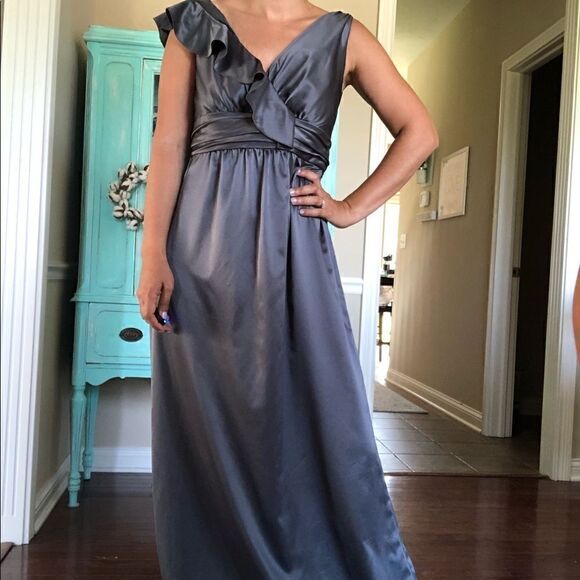 Amsale Satin Gray Gunmetal Ruffle Bridesmaids Dress Size 12 Sleeveless Wedding - Picture 5 of 10